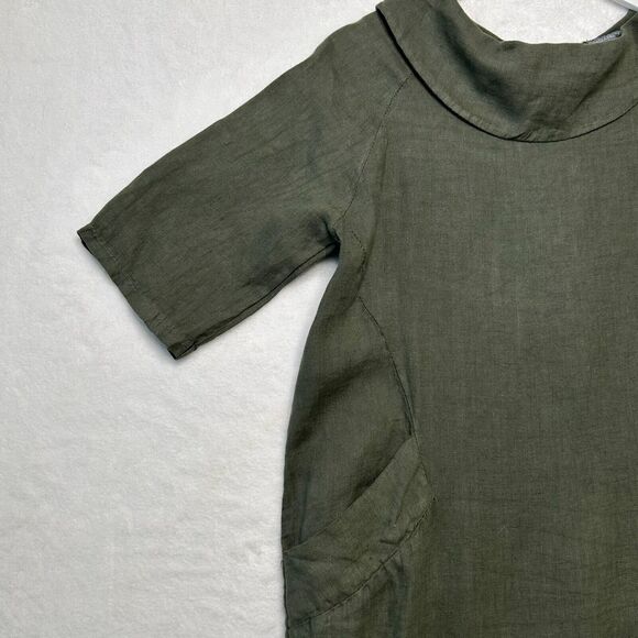 PIAZZA DEL TEMPIO Linen Button Back Shift Dress Lagenlook Pockets Green Sz S - Picture 2 of 8